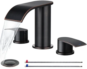 8 inch Bathroom Faucet Oil Rubbed Bronze, Waterfall Bathroom Sink Faucet with Metal Pop-up Drain Stopper and 2 Supply Hoses,2 Handle Widespread Faucets for Vanity Sink 3 Holes 8 inch Bathroom Faucet Oil Rubbed Bronze, Waterfall Bathroom Sink Faucet with Metal Pop-up Drain Stopper and 2 Supply Hoses,2 Handle Widespread Faucets for Vanity Sink 3 Holes