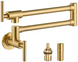 Brushed Gold Pot Filler Faucet - 304 Stainless Steel Pot Filler Over Stove, Wall Mounted Kitchen Folding Faucet with Double Joint Swing Arms Brushed Gold Pot Filler Faucet - 304 Stainless Steel Pot Filler Over Stove, Wall Mounted Kitchen Folding Faucet with Double Joint Swing Arms