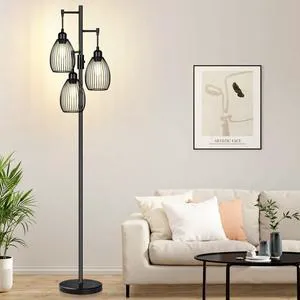 Dimmable Floor Lamp,3x800LM LED Bulbs Included, Farmhouse Industrial Floor Lamp Standing Tree Lamp with Teardrop Cage Head Tall Lamp for Living Room Bedroom Office Dining Room - Black & Marble Base Dimmable Floor Lamp,3x800LM LED Bulbs Included, Farmhouse Industrial Floor Lamp Standing Tree Lamp with Teardrop Cage Head Tall Lamp for Living Room Bedroom Office Dining Room - Black & Marble Base