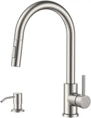 Pull Down Kitchen Faucet with Soap Dispenser, Stainless Steel Lead-Free, Brushed Nickel, Single Handle, 1 Hole Sink Faucet with Deck Plate, Fit for RV Bar Farmhouse Laundry Outdoor Pull Down Kitchen Faucet with Soap Dispenser, Stainless Steel Lead-Free, Brushed Nickel, Single Handle, 1 Hole Sink Faucet with Deck Plate, Fit for RV Bar Farmhouse Laundry Outdoor
