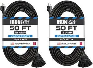 16 Gauge Black Extension Cord Multi Outlet, 50 Ft - SJTW 16/3 SJTW Cable, 2 Pack, 3 Grounded Outlets, Lighted End, 3 Prong Plug, 13 Amp - For Landscaping, Holiday Lights, Appliances 16 Gauge Black Extension Cord Multi Outlet, 50 Ft - SJTW 16/3 SJTW Cable, 2 Pack, 3 Grounded Outlets, Lighted End, 3 Prong Plug, 13 Amp - For Landscaping, Holiday Lights, Appliances