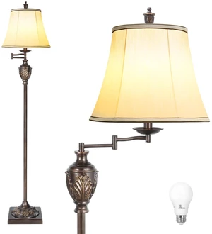Traditional LED Floor Lamp with 350° Adjustable Swing Arm Lamp Vintage Standing Pole lamp for Living Room, Bedroom and Office Rustic Upright Floor Light for Home Décor with Faux Silk Fabric Shade Traditional LED Floor Lamp with 350° Adjustable Swing Arm Lamp Vintage Standing Pole lamp for Living Room, Bedroom and Office Rustic Upright Floor Light for Home Décor with Faux Silk Fabric Shade
