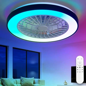 RGB Ceiling Fan with Light: 19" Enclosed Low Profile Flush Mount LED Ceiling Fans with Remote Control - Modern Black Bladeless Fandelier Dimmable Quiet DC Motor for Bedroom KTV Room RGB Ceiling Fan with Light: 19" Enclosed Low Profile Flush Mount LED Ceiling Fans with Remote Control - Modern Black Bladeless Fandelier Dimmable Quiet DC Motor for Bedroom KTV Room