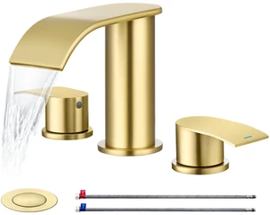 8 inch Bathroom Faucet Brushed Gold, Waterfall Bathroom Faucet with Metal Pop-up Sink Drain Stopper and 2 Supply Hoses,2 Handle Widespread Faucets for Vanity Sink 3 Holes 8 inch Bathroom Faucet Brushed Gold, Waterfall Bathroom Faucet with Metal Pop-up Sink Drain Stopper and 2 Supply Hoses,2 Handle Widespread Faucets for Vanity Sink 3 Holes