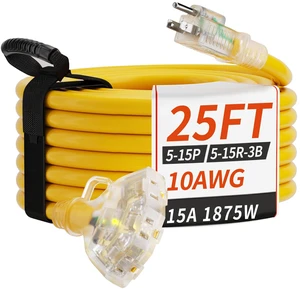 25 FT 10 Gauge Outdoor Extension Cord with Multiple Outlets Yellow Light Indicator, Flexible 3 Outlet Weatherproof Heavy Duty Extension Cord Waterproof 25 Feet, 15A 1875W SJTW, ETL Listed 25 FT 10 Gauge Outdoor Extension Cord with Multiple Outlets Yellow Light Indicator, Flexible 3 Outlet Weatherproof Heavy Duty Extension Cord Waterproof 25 Feet, 15A 1875W SJTW, ETL Listed