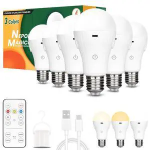 MagicGlow Rechargeable Light Bulbs with Remote, 3 Colors Shift + Stepless Dimmable Battery Light Bulbs, USB Rechargeable, A19, Up to 24 Hours MagicGlow Rechargeable Light Bulbs with Remote, 3 Colors Shift + Stepless Dimmable Battery Light Bulbs, USB Rechargeable, A19, Up to 24 Hours