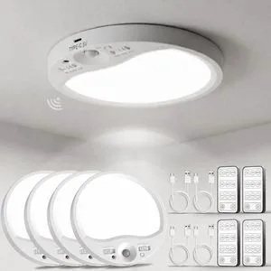 Rechargeable Motion Sensor Ceiling Light Indoor with Remote, 4 Pack Wireless LED Shower Light, 8000mAh Battery Long Lasting Closet Light, 3 Color Dimmable, Timer, No Wiring for Hallway Pantry Rechargeable Motion Sensor Ceiling Light Indoor with Remote, 4 Pack Wireless LED Shower Light, 8000mAh Battery Long Lasting Closet Light, 3 Color Dimmable, Timer, No Wiring for Hallway Pantry