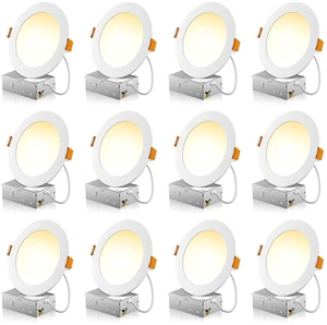 12 Pack 6 Inch LED Recessed Light with Junction Box, 5CCT, 1050LM 12W, 2700K-5000K Selectable, 5%-100% Dimmable, 120V, White, Ultra-Thin Canless Wafer Downlight, ETL, FCC, IC & Damp Rated 12 Pack 6 Inch LED Recessed Light with Junction Box, 5CCT, 1050LM 12W, 2700K-5000K Selectable, 5%-100% Dimmable, 120V, White, Ultra-Thin Canless Wafer Downlight, ETL, FCC, IC & Damp Rated