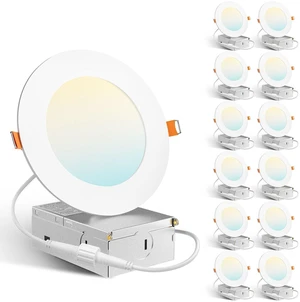12 Pack 4 Inch Ultra-Thin LED Recessed Ceiling Light, 5CCT, 800LM 5%-100% Dimmable, 2700K-5000K, No Flicker & Noise, Canless Wafer Downlight with Junction Box, 10W Eqv 60W, IC/ETL/FCC, White 12 Pack 4 Inch Ultra-Thin LED Recessed Ceiling Light, 5CCT, 800LM 5%-100% Dimmable, 2700K-5000K, No Flicker & Noise, Canless Wafer Downlight with Junction Box, 10W Eqv 60W, IC/ETL/FCC, White