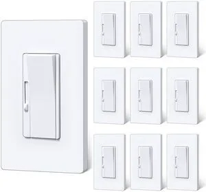 10 Bulk Slim Dimmer Light Switch, Max 300W LED, CFL, 600W Halogen ETL Listed, Single Pole or 3 Way Dimmable Switch, Quiet Rocker, Screwless Wallplate Included, White 10 Bulk Slim Dimmer Light Switch, Max 300W LED, CFL, 600W Halogen ETL Listed, Single Pole or 3 Way Dimmable Switch, Quiet Rocker, Screwless Wallplate Included, White