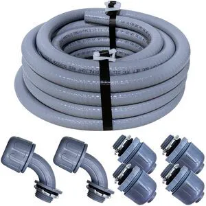1-1/2 Inch Non-metallic Liquid-Tight Conduit and Connector Kit, 25 Foot Made in USA Flexible Electrical Conduit Type B with 4 Straight and 2 90-Degree Conduit Connector Fittings, 1.5" Dia 1-1/2 Inch Non-metallic Liquid-Tight Conduit and Connector Kit, 25 Foot Made in USA Flexible Electrical Conduit Type B with 4 Straight and 2 90-Degree Conduit Connector Fittings, 1.5" Dia