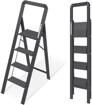 Aluminium 4 Step Ladder, Lightweight Step Stool with Non-Slip Pedals, Handrail, Foldable Step Ladder for Kitchen, Garage, Home, Space Saving, Sturdy and Portable, Black Aluminium 4 Step Ladder, Lightweight Step Stool with Non-Slip Pedals, Handrail, Foldable Step Ladder for Kitchen, Garage, Home, Space Saving, Sturdy and Portable, Black