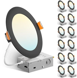 12 Pack 6 Inch Ultra-Thin LED Recessed Ceiling Light, 5CCT, Black 1050LM, 5%-100% Dimmable, 2700K-5000K, No Flicker&Noise, Canless Wafer Downlight with Junction Box, 12W Eqv 110W, IC/ETL/FCC 12 Pack 6 Inch Ultra-Thin LED Recessed Ceiling Light, 5CCT, Black 1050LM, 5%-100% Dimmable, 2700K-5000K, No Flicker&Noise, Canless Wafer Downlight with Junction Box, 12W Eqv 110W, IC/ETL/FCC
