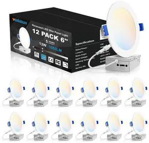 12 Pack 6 inch Recessed Lighting, 5CCT, 13W Eqv 120W, 1080LM LED Recessed Light with Junction Box 2700K-5000K Selectable, Dimmable Canless Wafer Downlight, Ceiling Light ETL Certificated 12 Pack 6 inch Recessed Lighting, 5CCT, 13W Eqv 120W, 1080LM LED Recessed Light with Junction Box 2700K-5000K Selectable, Dimmable Canless Wafer Downlight, Ceiling Light ETL Certificated