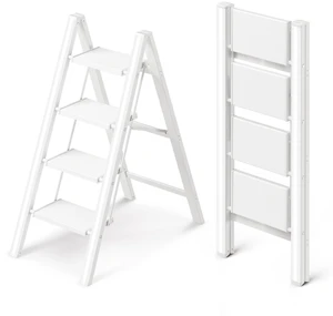 4 Step Ladder, Foldable Aluminum Step Stool with Anti-Slip Pedal Lightweight yet Sturdy, Portable, Non Slip Feet, 300Lbs Capacity, Elegant Look, for Kitchen, Closet, Pantry, White 4 Step Ladder, Foldable Aluminum Step Stool with Anti-Slip Pedal Lightweight yet Sturdy, Portable, Non Slip Feet, 300Lbs Capacity, Elegant Look, for Kitchen, Closet, Pantry, White