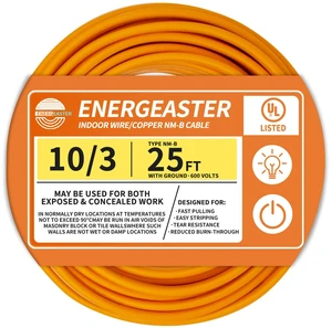 Solid Indoor 10/3 NM-B Copper Cable with Ground 25FT, Orange 25FT NMB Cable 10 Gauge Wire 3 Conductors 600V Bare Copper Non-Metallic Sheathed Solid Indoor Residential Wire, UL Listed Solid Indoor 10/3 NM-B Copper Cable with Ground 25FT, Orange 25FT NMB Cable 10 Gauge Wire 3 Conductors 600V Bare Copper Non-Metallic Sheathed Solid Indoor Residential Wire, UL Listed