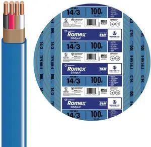 Romex SIMpull Wire, 14 Gauge, 3 Conductor, 100 Ft, W/G NM-B Cable, Blue, 63946928 Romex SIMpull Wire, 14 Gauge, 3 Conductor, 100 Ft, W/G NM-B Cable, Blue, 63946928