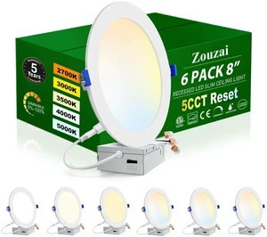 6 Pack 8 Inch LED Recessed Ceiling Light, 5CCT, Dimmable, 1685LM 2700K-5000K Selectable, 18W Eqv 150W, 120V, with Junction Box, Canless Wafer Downlight, White, IC & Damp Rated, ETL Certified 6 Pack 8 Inch LED Recessed Ceiling Light, 5CCT, Dimmable, 1685LM 2700K-5000K Selectable, 18W Eqv 150W, 120V, with Junction Box, Canless Wafer Downlight, White, IC & Damp Rated, ETL Certified