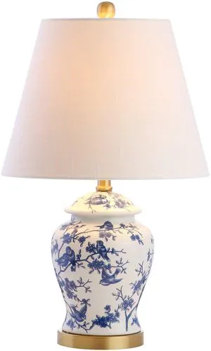Penelope Ginger Jar 22" LED Table Lamp, Blue/White Chinoiserie, Ceramic Metal Construction, French Country Traditional, Linen Empire Shade, Brass Gold, LED Bulb Included Penelope Ginger Jar 22" LED Table Lamp, Blue/White Chinoiserie, Ceramic Metal Construction, French Country Traditional, Linen Empire Shade, Brass Gold, LED Bulb Included