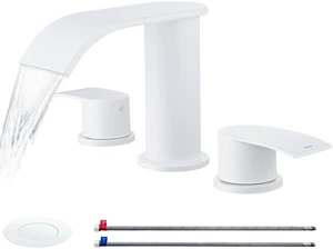 8 inch Waterfall Bathroom Faucet White with Metal Pop-up Sink Drain 2 Handle Widespread Bathroom Sink Faucet for Vanity Sink 3 Holes with Stopper and 2 Supply Hoses 8 inch Waterfall Bathroom Faucet White with Metal Pop-up Sink Drain 2 Handle Widespread Bathroom Sink Faucet for Vanity Sink 3 Holes with Stopper and 2 Supply Hoses