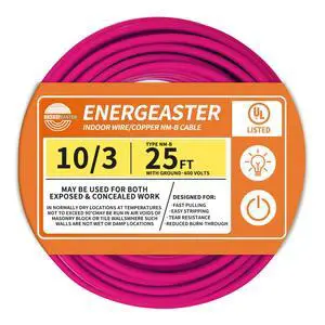 Solid Indoor 10/3 NM-B Copper Cable with Ground 25FT, Pink 25FT NMB Cable 10 Gauge Wire 3 Conductors 600V Bare Copper Non-Metallic Sheathed Solid Indoor Residential Wire, UL Listed Solid Indoor 10/3 NM-B Copper Cable with Ground 25FT, Pink 25FT NMB Cable 10 Gauge Wire 3 Conductors 600V Bare Copper Non-Metallic Sheathed Solid Indoor Residential Wire, UL Listed