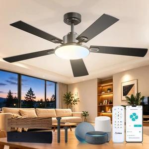 52 Inch Smart Ceiling Fans with Lights, Downrod Mount, Black Compatible with Alexa/Remote/App, Sloped, 6 Speeds, Dimmable 3CCT, Quiet Reversible DC Motor, Timer, Bedroom, Living room 52 Inch Smart Ceiling Fans with Lights, Downrod Mount, Black Compatible with Alexa/Remote/App, Sloped, 6 Speeds, Dimmable 3CCT, Quiet Reversible DC Motor, Timer, Bedroom, Living room