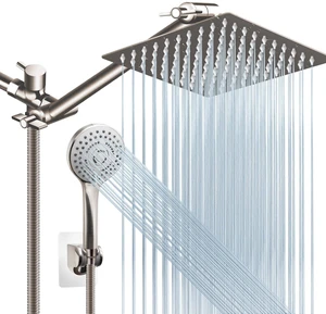Shower Head Combo(Brushed Nickel),8 Inch High Pressure Rain Shower Head with 11 Inch Adjustable Extension Arm and 5 Settings Handheld Shower Head Combo,Powerful Shower Spray Against Low Pressure Water Shower Head Combo(Brushed Nickel),8 Inch High Pressure Rain Shower Head with 11 Inch Adjustable Extension Arm and 5 Settings Handheld Shower Head Combo,Powerful Shower Spray Against Low Pressure Water