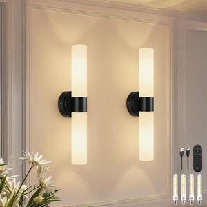 Rechargeable Wall Sconces Set of Two, Modern Matte Battery Operated Wall Light Fixtures with Remote Control, Dimmable Wireless Wall Sconces with Milky Glass for Bathroom Mirror Bedroom Living Room Rechargeable Wall Sconces Set of Two, Modern Matte Battery Operated Wall Light Fixtures with Remote Control, Dimmable Wireless Wall Sconces with Milky Glass for Bathroom Mirror Bedroom Living Room