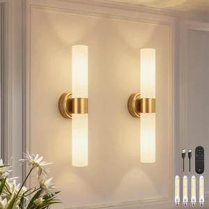 Rechargeable Wall Sconces Set of Two, Brushed Gold Battery Operated Wall Light Fixtures with Remote Control, Dimmable Wireless Wall Sconces with Milky Glass for Bathroom Mirror Bedroom Living Room Rechargeable Wall Sconces Set of Two, Brushed Gold Battery Operated Wall Light Fixtures with Remote Control, Dimmable Wireless Wall Sconces with Milky Glass for Bathroom Mirror Bedroom Living Room