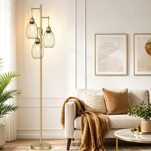 Dimmable Floor Lamp, 3 x 800LM LED Edison Bulbs Included, Farmhouse Industrial Floor Lamp Standing Tree Lamp with Elegant Teardrop Cage Head Tall Lamp for Living Room Bedroom Office Dining Room - Gold Dimmable Floor Lamp, 3 x 800LM LED Edison Bulbs Included, Farmhouse Industrial Floor Lamp Standing Tree Lamp with Elegant Teardrop Cage Head Tall Lamp for Living Room Bedroom Office Dining Room - Gold