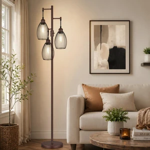 Dimmable Floor Lamp,3x800LM LED Bulbs Included, Farmhouse Industrial Floor Lamp Standing Tree Lamp with Teardrop Cage Head Tall Lamp for Living Room Bedroom Office Dining Room - Matte Brown Dimmable Floor Lamp,3x800LM LED Bulbs Included, Farmhouse Industrial Floor Lamp Standing Tree Lamp with Teardrop Cage Head Tall Lamp for Living Room Bedroom Office Dining Room - Matte Brown