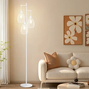 Dimmable Floor Lamp, 3 x 800LM LED Edison Bulbs Included, Farmhouse Industrial Floor Lamp Standing Lamp with Elegant Teardrop Cage Head Tall Lamp for Living Room Bedroom Office Dining Room - White Dimmable Floor Lamp, 3 x 800LM LED Edison Bulbs Included, Farmhouse Industrial Floor Lamp Standing Lamp with Elegant Teardrop Cage Head Tall Lamp for Living Room Bedroom Office Dining Room - White