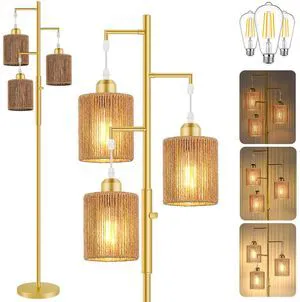 72" Boho Rattan Tree Floor Lamp, Tall Dimmable Industrial Standing Lamp, Corner Decor Accent Lighting for Living Room, Bedroom, Dining Room, Nursery, Cafe (3 x 800LM Bulbs Included) - Gold 72" Boho Rattan Tree Floor Lamp, Tall Dimmable Industrial Standing Lamp, Corner Decor Accent Lighting for Living Room, Bedroom, Dining Room, Nursery, Cafe (3 x 800LM Bulbs Included) - Gold