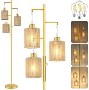 72" Boho Rattan Tree Floor Lamp, Tall Dimmable Industrial Standing Lamp, Corner Decor Accent Lighting for Living Room, Bedroom, Dining Room, Nursery, Cafe (3 x 800LM Bulbs Included) - Gold 72" Boho Rattan Tree Floor Lamp, Tall Dimmable Industrial Standing Lamp, Corner Decor Accent Lighting for Living Room, Bedroom, Dining Room, Nursery, Cafe (3 x 800LM Bulbs Included) - Gold