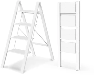 4 Step Ladder, Foldable Step Stool, 300lbs Load, White Folded 43''H x 2''T; Net 9.9 lbs; Rigid Aluminum Steps; No Assembly; For Home, Kitchen, Office, Pantry, Closets, Cabinets 4 Step Ladder, Foldable Step Stool, 300lbs Load, White Folded 43''H x 2''T; Net 9.9 lbs; Rigid Aluminum Steps; No Assembly; For Home, Kitchen, Office, Pantry, Closets, Cabinets
