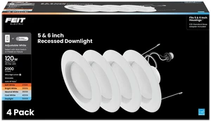 5/6in LED Recessed Downlight Retrofit Kit, 120W Eq, 4 Pack Dimmable, Adjustable White 2700K5000K, 2000 Lumens, Ideal for Larger Spaces or High Ceilings, E26 Adapter Included 5/6in LED Recessed Downlight Retrofit Kit, 120W Eq, 4 Pack Dimmable, Adjustable White 2700K5000K, 2000 Lumens, Ideal for Larger Spaces or High Ceilings, E26 Adapter Included