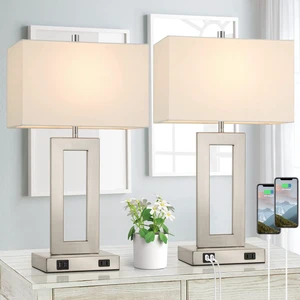 22" Silver Modern Table Lamp Set of 2 with 2 USB Ports&AC Outlet 3 Way Dimmable, Touch Control, White Fabric Shade, E26 Base, Desk Lamp for Living Room, Bedroom, 2 Bulbs Included 22" Silver Modern Table Lamp Set of 2 with 2 USB Ports&AC Outlet 3 Way Dimmable, Touch Control, White Fabric Shade, E26 Base, Desk Lamp for Living Room, Bedroom, 2 Bulbs Included