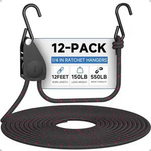 Rope Tie Downs Small Ratchet Straps, Adjustable Grow Light Hangers 12-Pack of 1/4" 12FT 150LB Load Capacity, Smooth Ratcheting Quick Release, Rust-Resistant for Hanging & Various Tie-Down Uses Rope Tie Downs Small Ratchet Straps, Adjustable Grow Light Hangers 12-Pack of 1/4" 12FT 150LB Load Capacity, Smooth Ratcheting Quick Release, Rust-Resistant for Hanging & Various Tie-Down Uses