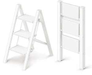 3 Step Ladder, Foldable Aluminum Step Stool with Anti-Slip Pedal Lightweight yet Sturdy, Portable, Non Slip Feet, 300Lbs Capacity, Elegant Look, for Kitchen, Closet, Pantry, White 3 Step Ladder, Foldable Aluminum Step Stool with Anti-Slip Pedal Lightweight yet Sturdy, Portable, Non Slip Feet, 300Lbs Capacity, Elegant Look, for Kitchen, Closet, Pantry, White