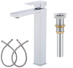 Chrome Vessel Sink Faucet, 1 Hole Single Handle Tall Faucets Vanity Modern Utility Rv Laundry Bath Restroom Mixer Tap with Metal Pop Up Drain and 2 Water Supply Lines Chrome Vessel Sink Faucet, 1 Hole Single Handle Tall Faucets Vanity Modern Utility Rv Laundry Bath Restroom Mixer Tap with Metal Pop Up Drain and 2 Water Supply Lines