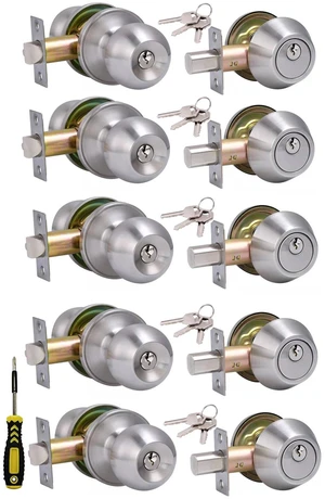 (5 Sets) All Keyed Same Entry Door Knob and Single Cylinder Deadbolt Combo Set, Satin Nickel Exterior Door Knobs with Lock and Keys for Entrance and Front Door (5 Sets) All Keyed Same Entry Door Knob and Single Cylinder Deadbolt Combo Set, Satin Nickel Exterior Door Knobs with Lock and Keys for Entrance and Front Door
