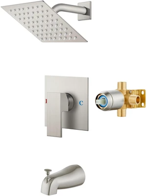 6 Inch Shower Faucet Set,Bathtub Faucet Kit,Brushed Nickel Shower Tub Faucet Set,Male Threads Rough-In Valve,Square Head Shower System 6 Inch Shower Faucet Set,Bathtub Faucet Kit,Brushed Nickel Shower Tub Faucet Set,Male Threads Rough-In Valve,Square Head Shower System