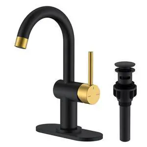 Black and Gold Single Handle Bathroom Faucet, 1 Hole Vanity Faucet Bathroom Sink Faucet with Pop Up Drain & 6 Inch Deck Plate, Lead-Free cUPC & NSF Certified, 1 Handle Faucet for Vanity RV Bar Black and Gold Single Handle Bathroom Faucet, 1 Hole Vanity Faucet Bathroom Sink Faucet with Pop Up Drain & 6 Inch Deck Plate, Lead-Free cUPC & NSF Certified, 1 Handle Faucet for Vanity RV Bar