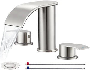 Bathroom Faucet Brushed Nickel, 8 inch Waterfall Faucet Waterfall Bathroom Faucet with Metal Pop-up Sink Drain and 2 Supply Hoses,2 Handle Widespread Faucets for Vanity Sink 3 Holes Bathroom Faucet Brushed Nickel, 8 inch Waterfall Faucet Waterfall Bathroom Faucet with Metal Pop-up Sink Drain and 2 Supply Hoses,2 Handle Widespread Faucets for Vanity Sink 3 Holes