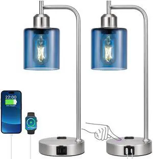 Industrial Blue Table Lamps for Bedrooms Set of 2-3-Way Dimmable Desk Lamp with USB C+A Ports and Outlet, Nickel Lamps with Green Glass Shade for Living Room Industrial Blue Table Lamps for Bedrooms Set of 2-3-Way Dimmable Desk Lamp with USB C+A Ports and Outlet, Nickel Lamps with Green Glass Shade for Living Room