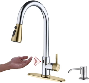 Touchless Kitchen Faucet with Pull Down Sprayer, Motion Sensor Kitchen Faucet with Soap Dispenser, Single Handle High Arc Pull Out Faucet for Kitchen Sink RV Kitchen, Gold and Polished Chrome Touchless Kitchen Faucet with Pull Down Sprayer, Motion Sensor Kitchen Faucet with Soap Dispenser, Single Handle High Arc Pull Out Faucet for Kitchen Sink RV Kitchen, Gold and Polished Chrome