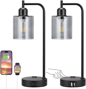 Industrial Touch Bedroom Lamps for Bedrooms Set of 2-3-Way Dimmable Table Lamps with USB C+A Ports and Outlet, Bedside Lamps with Gray Glass Shade for Living Room, Desk Lamps for Home Office Industrial Touch Bedroom Lamps for Bedrooms Set of 2-3-Way Dimmable Table Lamps with USB C+A Ports and Outlet, Bedside Lamps with Gray Glass Shade for Living Room, Desk Lamps for Home Office