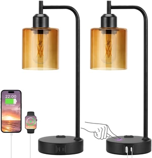 Industrial Touch Nightstand Lamps for Bedrooms Set of 2 - 3-Way Dimmable Table Lamps with USB C+A Ports and Outlet, Bedside Lamps with Amber Glass Shade for Living Room, Desk Lamps for Home Office Industrial Touch Nightstand Lamps for Bedrooms Set of 2 - 3-Way Dimmable Table Lamps with USB C+A Ports and Outlet, Bedside Lamps with Amber Glass Shade for Living Room, Desk Lamps for Home Office
