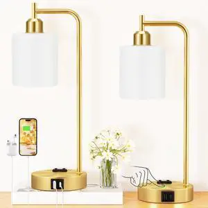 Industrial Gold Table Lamps for Bedrooms Set of 2-3-Way Dimmable Desk Lamp with USB C+A Ports and Outlet, Gold Lamps with Opal Glass Shade for Living Room, Desk Lamps for Home Office Industrial Gold Table Lamps for Bedrooms Set of 2-3-Way Dimmable Desk Lamp with USB C+A Ports and Outlet, Gold Lamps with Opal Glass Shade for Living Room, Desk Lamps for Home Office