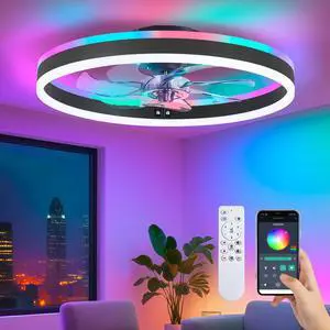 RGB Ceiling Fan with Light, Low Profile Ceiling Fans, Black 20 Flush Mount Bladeless Ceiling Fan, Remote and APP Control,Modern Small Fandelier for Bedroom Living Room RGB Ceiling Fan with Light, Low Profile Ceiling Fans, Black 20 Flush Mount Bladeless Ceiling Fan, Remote and APP Control,Modern Small Fandelier for Bedroom Living Room